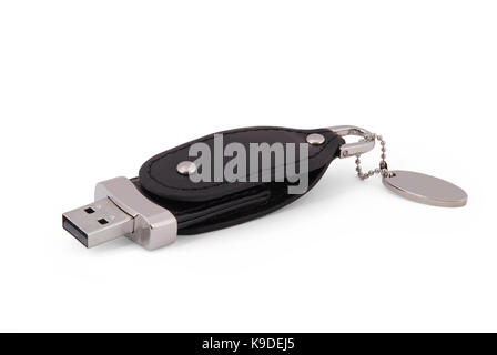 Black and silver leather USB flash drive isolated on white background with soft shadow Stock Photo