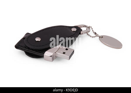 Black and silver leather USB flash drive isolated on white background with soft shadow Stock Photo