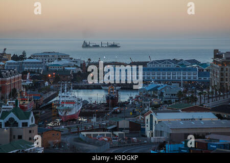 ship in fog in front of waterfront, Cape Town, South Africa Stock Photo