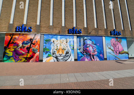Estuary Fringe Festival Artworks on the closed BHS British Home Stores in High Street, Southend on Sea, Essex, UK Stock Photo