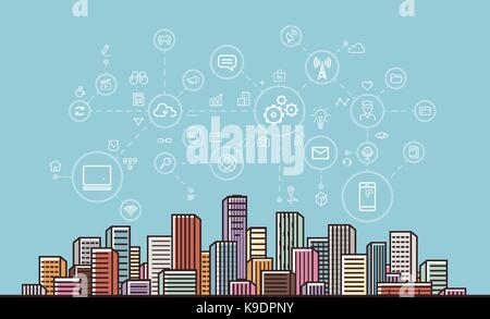 Internet communication, network, digital technology concept. Modern city background. Vector illustration Stock Vector