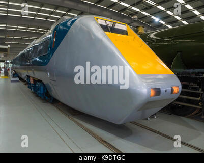 Historic fast passenger rail  APT-E gas turbine powered tilting train  at  the National Railway Museum Shildon Stock Photo