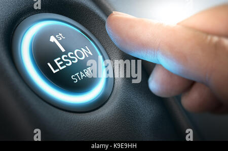 Beginner about to start a car by pressing a starter button where it is written first lesson. Composite image between a hand photography and a 3D backg Stock Photo