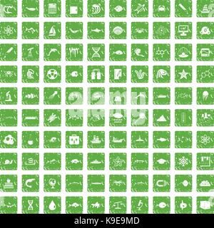 100 oceanology icons set grunge green Stock Vector