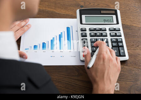 Close-up Of Businessperson Analyzing Graph And Using Calculator At Desk Stock Photo