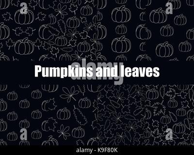 Autumn set of seamless pattern with pumpkins and leaves. White contours of leaves and pumpkins on a black background. Vector illustration Stock Vector