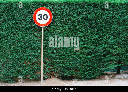 Traffic sign speed limit 30 mph. with green fence, leaf wall background Stock Photo