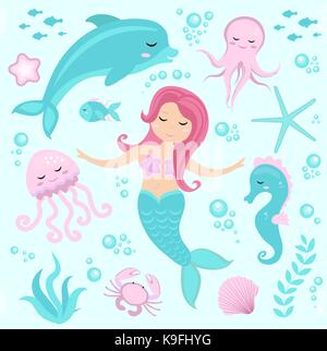 Cute set Little mermaid and underwater world. Fairytale princess mermaid and dolphin, octopus, seahorse, fish, jellyfish. Under water in the sea mythical marine collection. Stock Vector