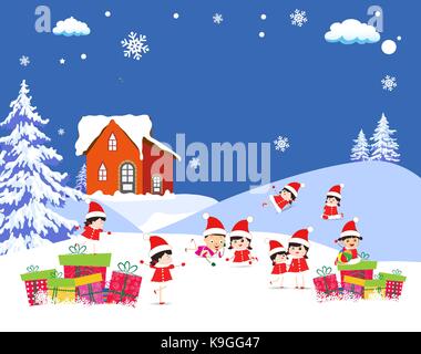 kids playing on Winter forest background Stock Vector