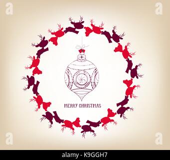 christmas colorful wreath with deer and ball ornament Stock Vector