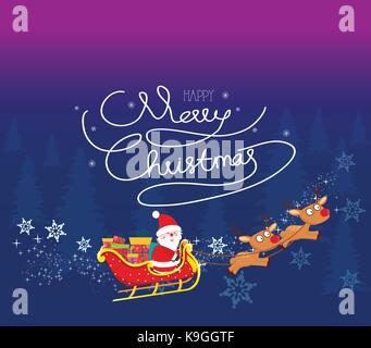 Christmas illustration of Cartoon Santa Claus flying in his sled or sleigh and waving Stock Vector