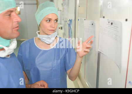 surgeons team man and woman wearing protective uniforms Stock Photo