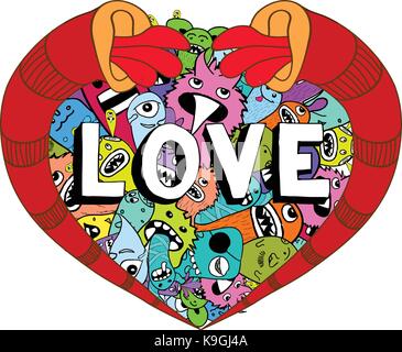 Monster cartoon hand-drawn doodle love Stock Vector