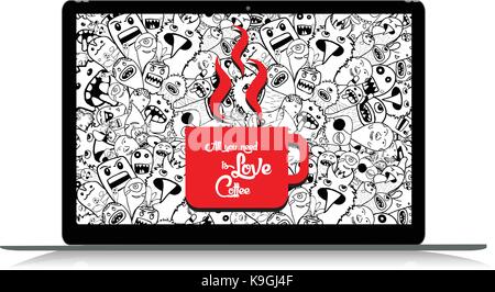 Monster doodle and love and coffee on laptop Stock Vector