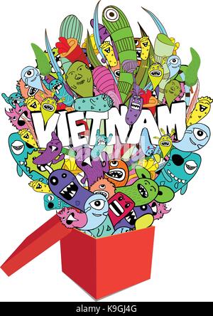 Monster doodle and gift box. Hello vietnam. Stock Vector