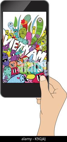 Isolation man hand holding the phone and monster. hello vietnam Stock Vector
