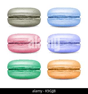 Realistic Macarons Set Vector. Detailed Colourful French Macaroons Isolated On White Background Illustration. Stock Vector