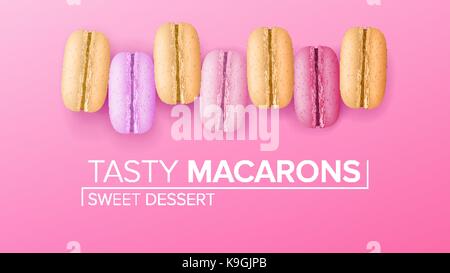 Macarons Set Vector. Top View. Colourful Sweet French Macaroons On Pink Background Illustration. Stock Vector