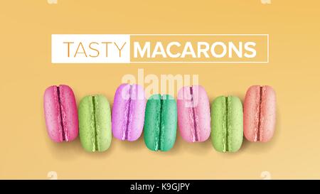 Realistic Macarons Vector. Top View. Sweet French Macaroons On Yellow Background Illustration. Stock Vector