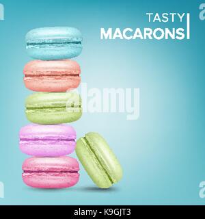 Colourful Macarons Vector. Tasty Sweet French Macaroons On Blue Background Illustration. Stock Vector