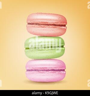 Realistic Macarons Vector. Sweet French Macaroons On Yellow Background Illustration. Stock Vector