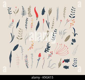 Hand Drawn vintage floral elements flowers leaves branches decorative ...