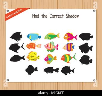 Find the correct shadow, education game for children - Fish Stock Vector