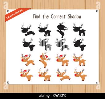 Find the correct shadow, education game for children - Christmas deer Stock Vector