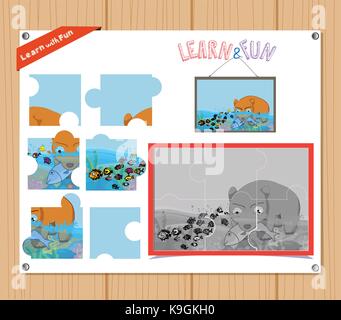 Cartoon Illustration of Education Jigsaw Puzzle Game for Preschool Children with underwater world Stock Vector