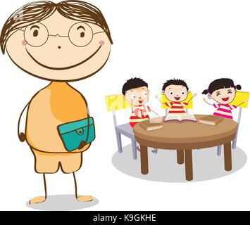 Mid age teacher man in a class of kids sitting at the school desk. Stock Vector