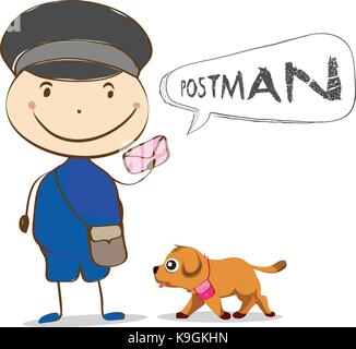 Cheerful postman. Friendly postman in blue uniform with bag and cute dog Stock Vector
