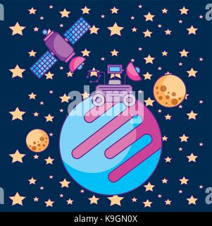 space ship investigate explore planet in space moon satellite stars vector illustration Stock Vector