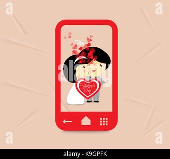 valentines day sweet love couple with hearts in phone-01 Stock Vector