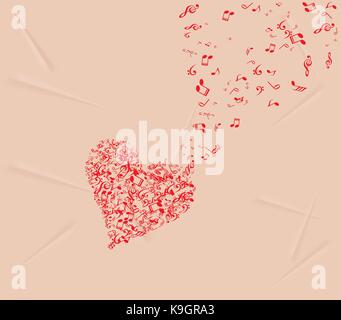 hearts shape out of music flies romantic background Stock Vector