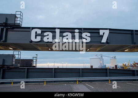 Loading ramp on dock 7 at Calais ferry port, dusk Stock Photo