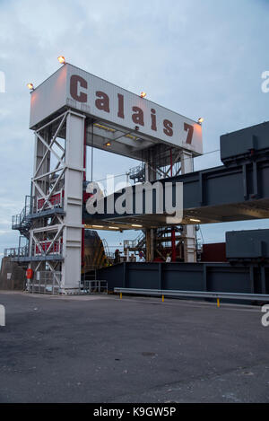 Loading ramp on dock 7 at Calais ferry port, dusk Stock Photo