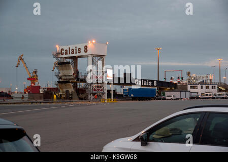 Loading ramp on dock 7 at Calais ferry port, dusk Stock Photo