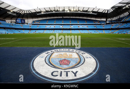 Manchester City club badge pitchside before the Premier League match at the Etihad Stadium, Manchester. Stock Photo