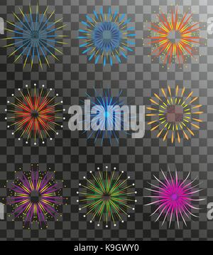 Realistic Fireworks set isolated on a transparent background. Holiday and party firework icons collection. Vector illustration. Stock Vector