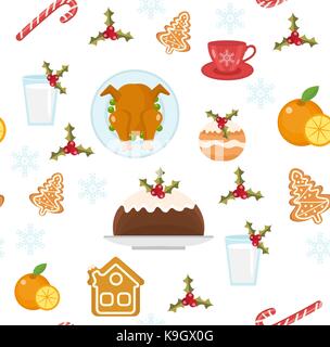 Christmas seamless pattern with holiday food. Xmas repeating texture, endless background. Paper, wallpaper, fabric. Vector illustration. Stock Vector