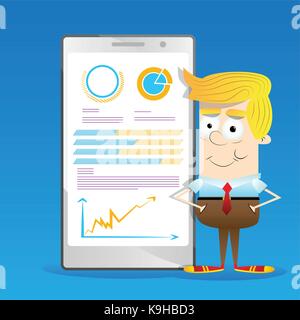 Happy smiling successful businessman and infographic on smartphone screen. Vector cartoon character illustration. Stock Vector