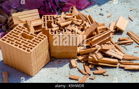 Broken bricks at the construction site - top view Stock Photo