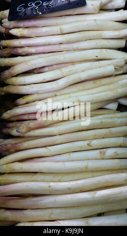 A variety of Fresh White asparagus for sale at a local market. Marché Saint-Antoine Célestins Stock Photo