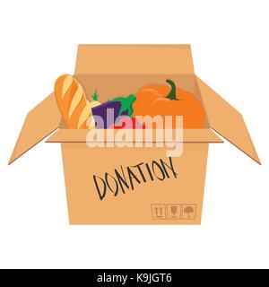 Vector illustration isometric perspective donation box with food icon. Bread, tomato, pumpkin, eggplant and onion Stock Vector
