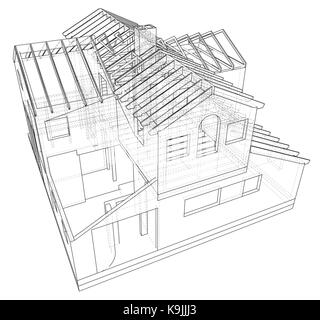 Abstract 3D render of building wireframe structure. Construction graphic. Tracing illustration of 3d Stock Vector