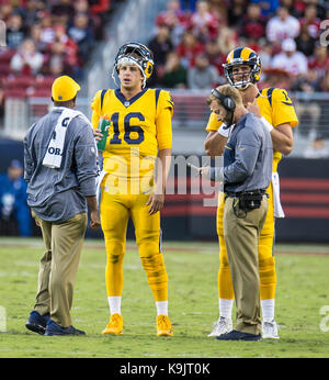 Sept 21 2017 - Santa Clara U.S.A CA -Rams quarterback Jared Goff (16) game stats 22-28 for 292 YDS AND 3 TD during the NFL Football game between Los Angeles Rams and the San Francisco 49ers 41-39 win at Levi Stadium San Francisco Calif. Thurman James/CSM Stock Photo