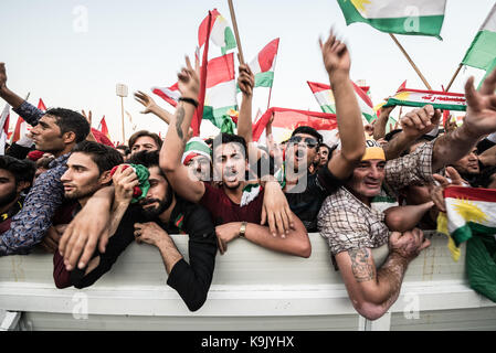 Erbil, Iraqi Kurdistan. 22nd Sep, 2017. Strong support for an independent Kurdistan at the final rally of the referendum campaign, at Franso Hariri Stadium in Erbil. 22nd September 2017. Credit: Elizabeth Fitt/Alamy Live News Stock Photo