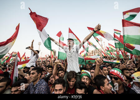 Erbil, Iraqi Kurdistan. 22nd Sep, 2017. Flag Fever at the final Kurdish Independence Referendum rally at the packed out Franso Hariri Stadium in Erbil. 22nd September 2017. Credit: Elizabeth Fitt/Alamy Live News Stock Photo