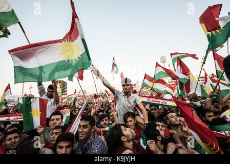 Erbil, Iraqi Kurdistan. 22nd Sep, 2017. Flag Fever at the final Kurdish Independence Referendum rally at the packed out Franso Hariri Stadium in Erbil. 22nd September 2017. Credit: Elizabeth Fitt/Alamy Live News Stock Photo