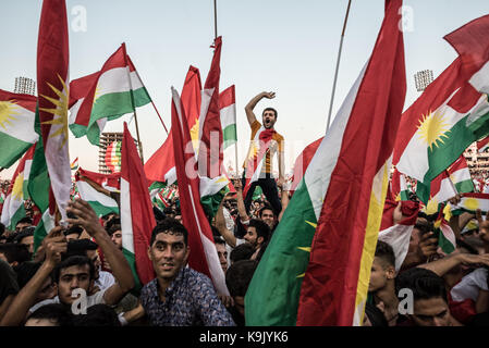 Erbil, Iraqi Kurdistan. 22nd Sep, 2017. Flag Fever at the final Kurdish Independence Referendum rally at the packed out Franso Hariri Stadium in Erbil. 22nd September 2017. Credit: Elizabeth Fitt/Alamy Live News Stock Photo